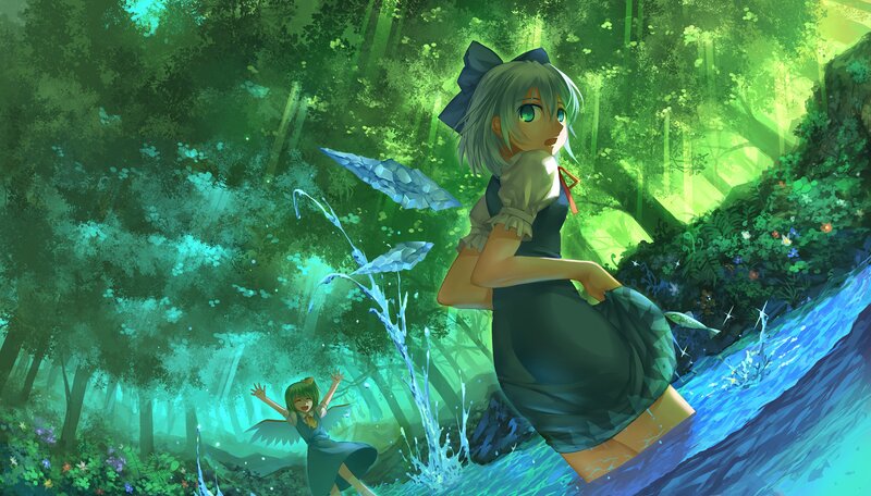 Two Girls in a Forest — Green, Serene, Afternoon, Digital Art, River