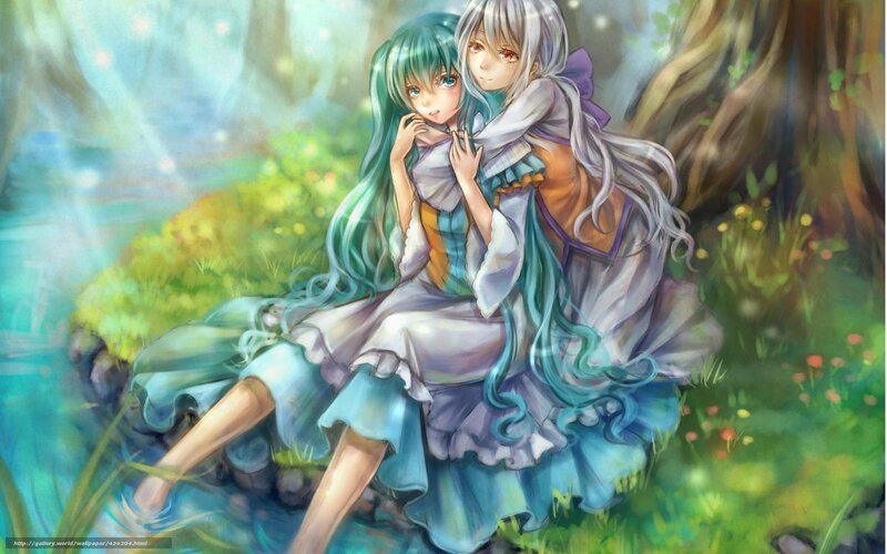 Two Girls in a Forest — Green, Serene, Afternoon, Digital Art, River, Trees