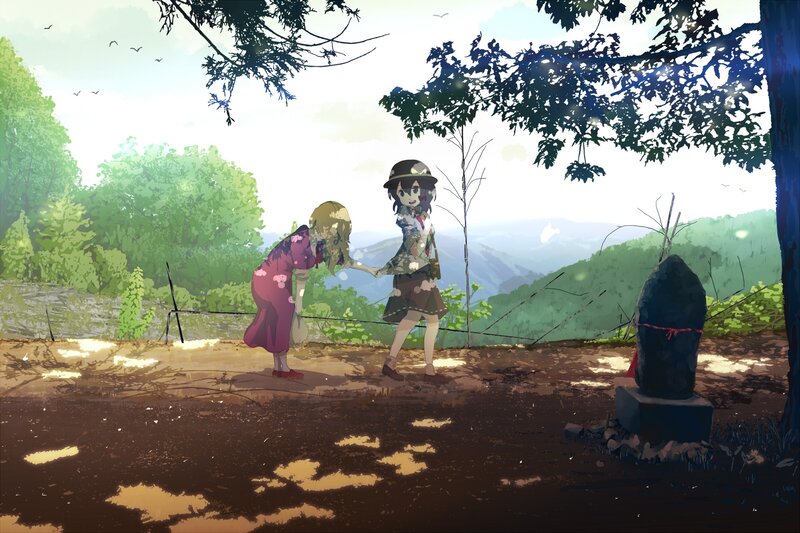 Two Girls in a Forest — Green, Serene, Afternoon, Digital Art, Trees