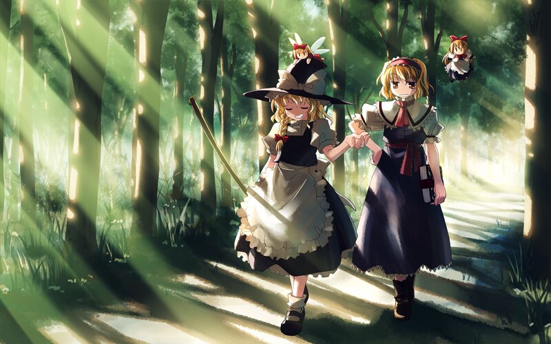 Two Girls in a Forest — Green, Serene, Morning, Anime, Sunlight