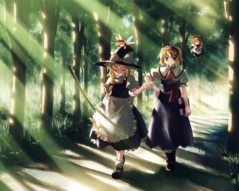 Two Girls in a Forest — Green, Serene, Morning, Anime, Sunlight, Wands