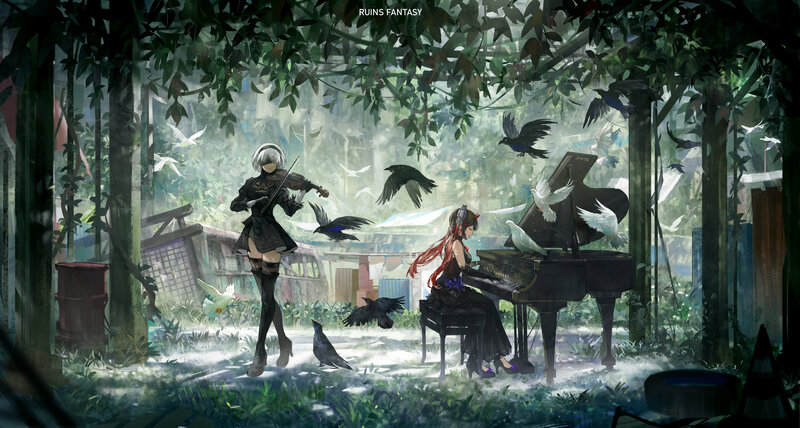 Two Girls in a Forest — Green, Serene, Morning, Digital Art, Piano