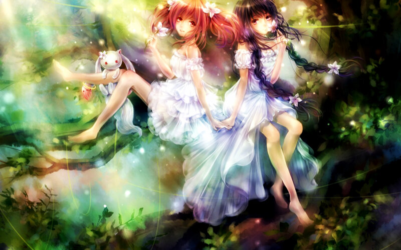 Two Girls in a Forest — Green, Serene, Night, Digital Art, Flowers, Cat-like Creature