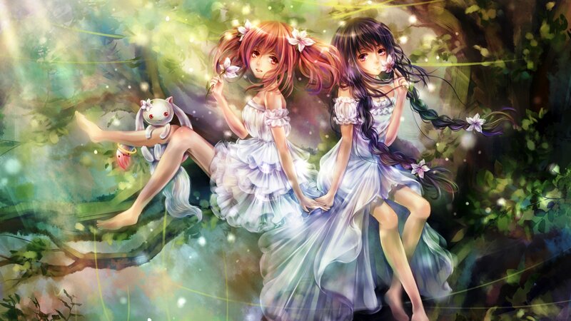 Two Girls in a Forest — Green, Serene, Night, Digital Art, Flowers