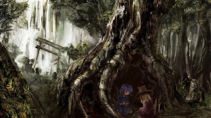 Two girls in a forest grove