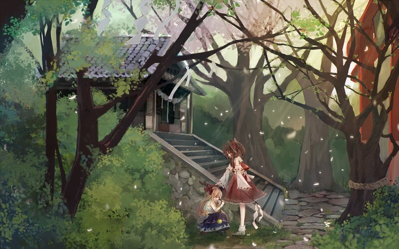 Two girls in a forest shrine