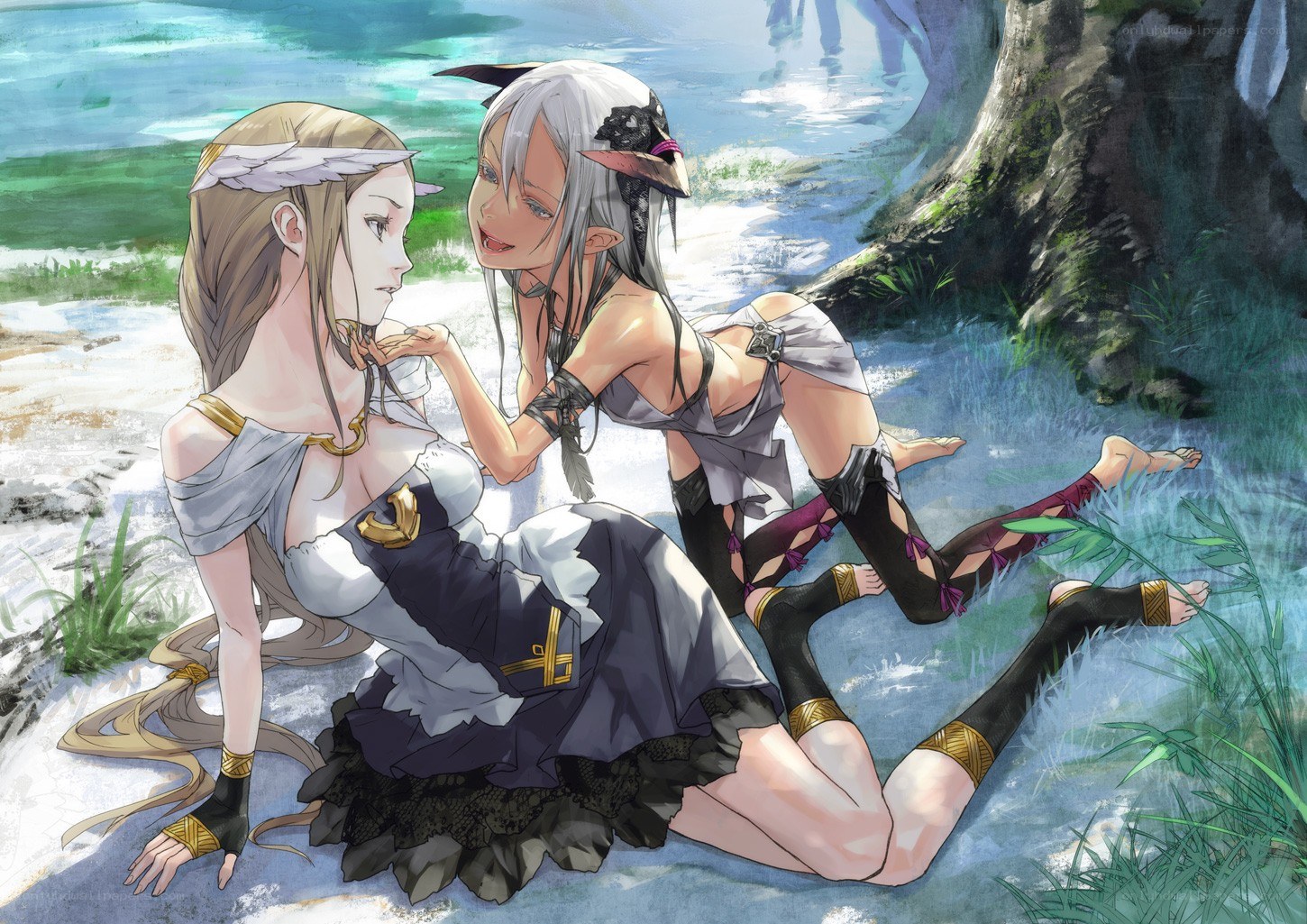 Two girls in a forest stream