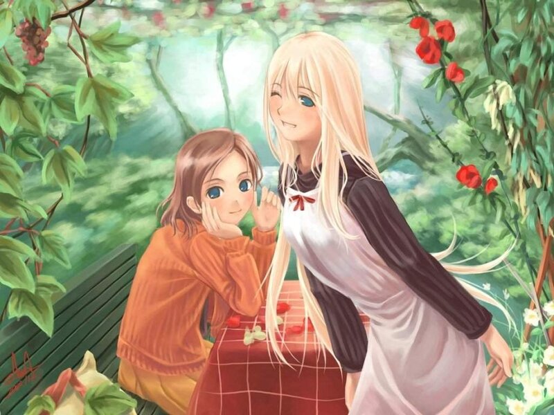 Two girls in a garden