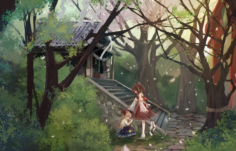 Two Girls in a Garden — Green, Serene, Spring, Digital Art, Trees