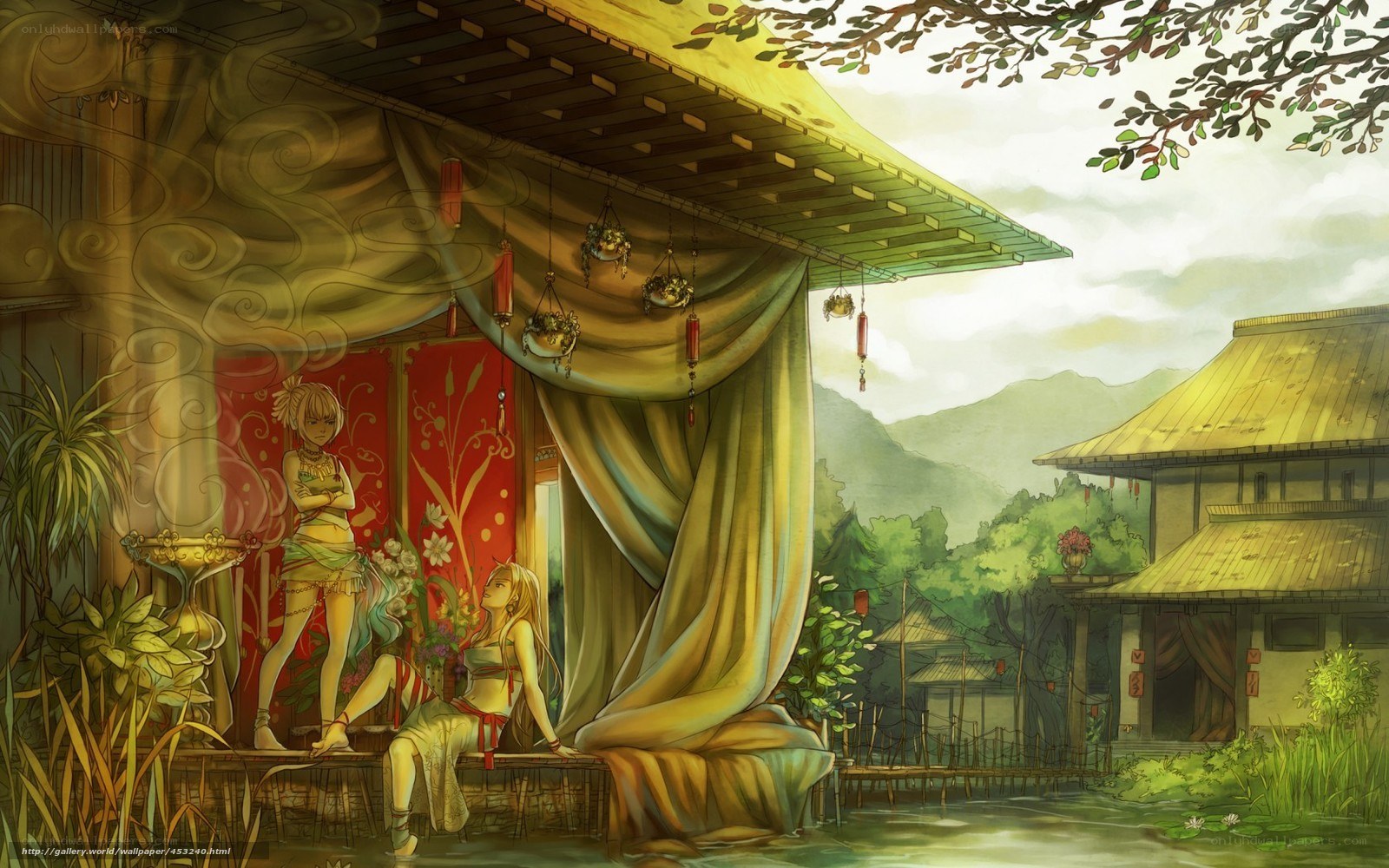 Two girls in a garden pavilion