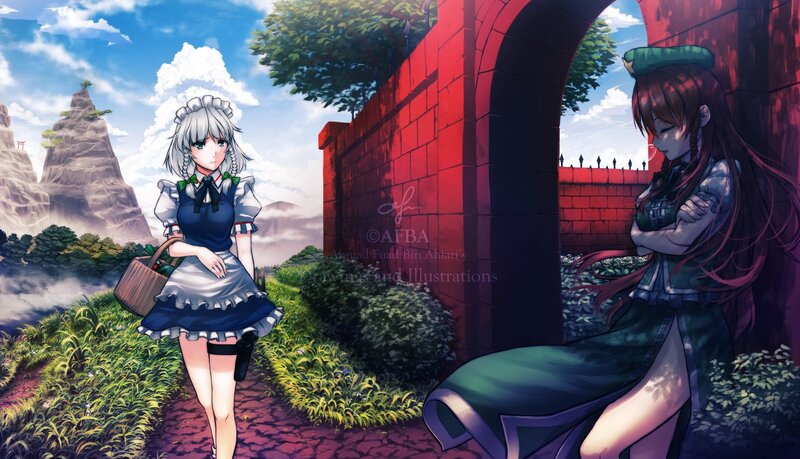 Two girls in a garden scene