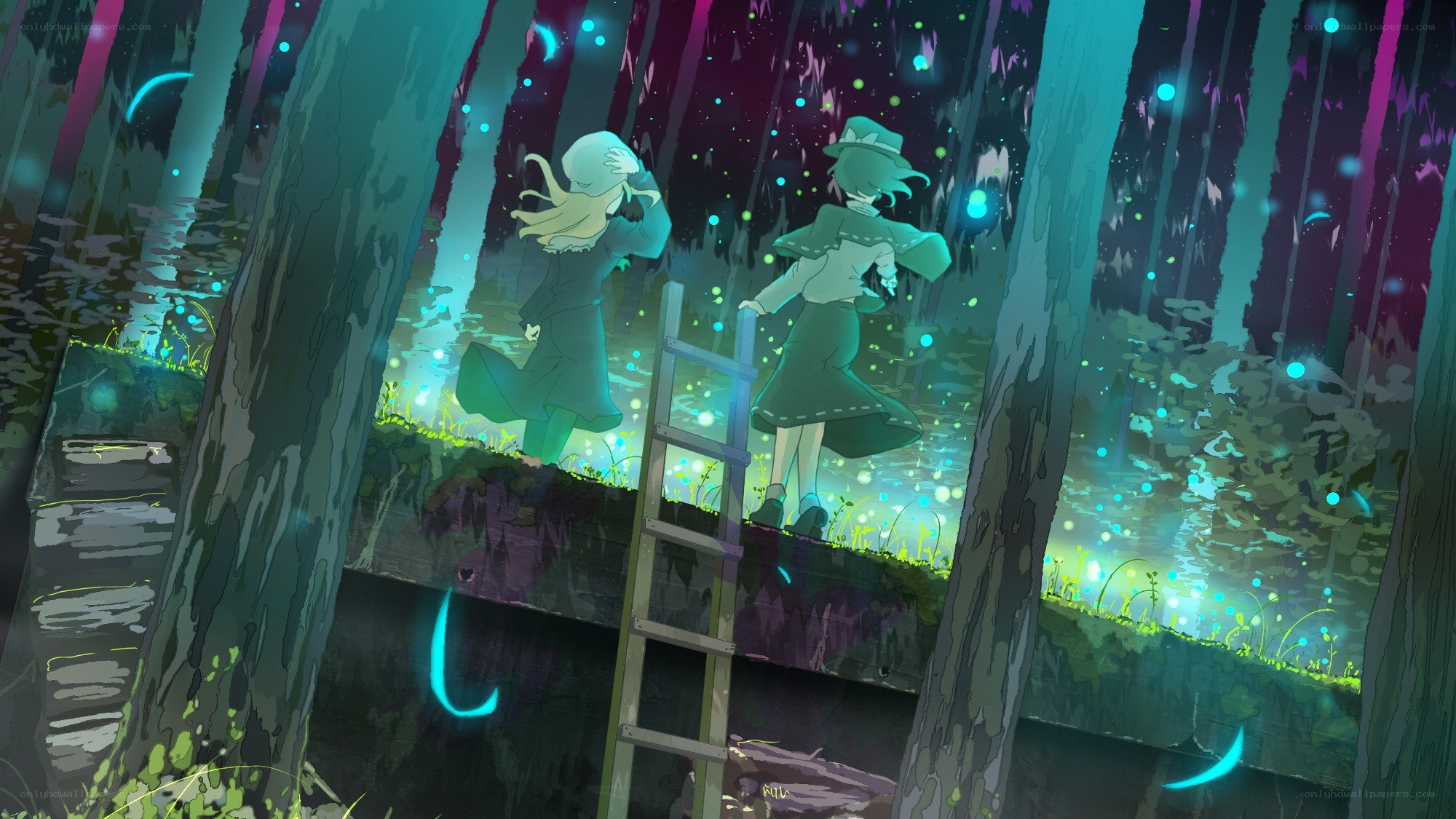 Two girls in a glowing forest