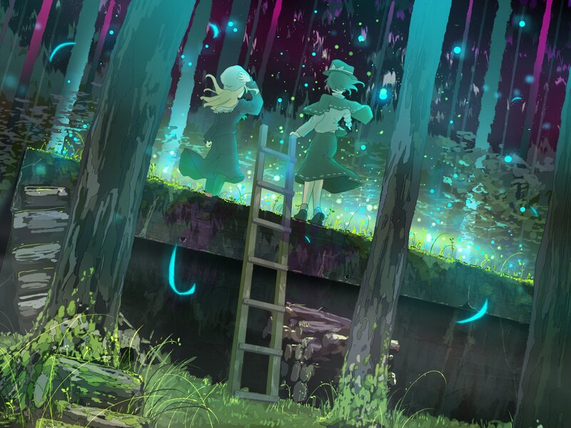 Two girls in a glowing forest