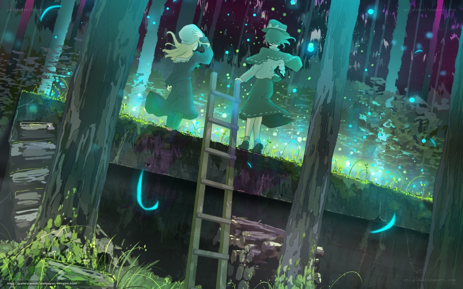 Two girls in a glowing forest