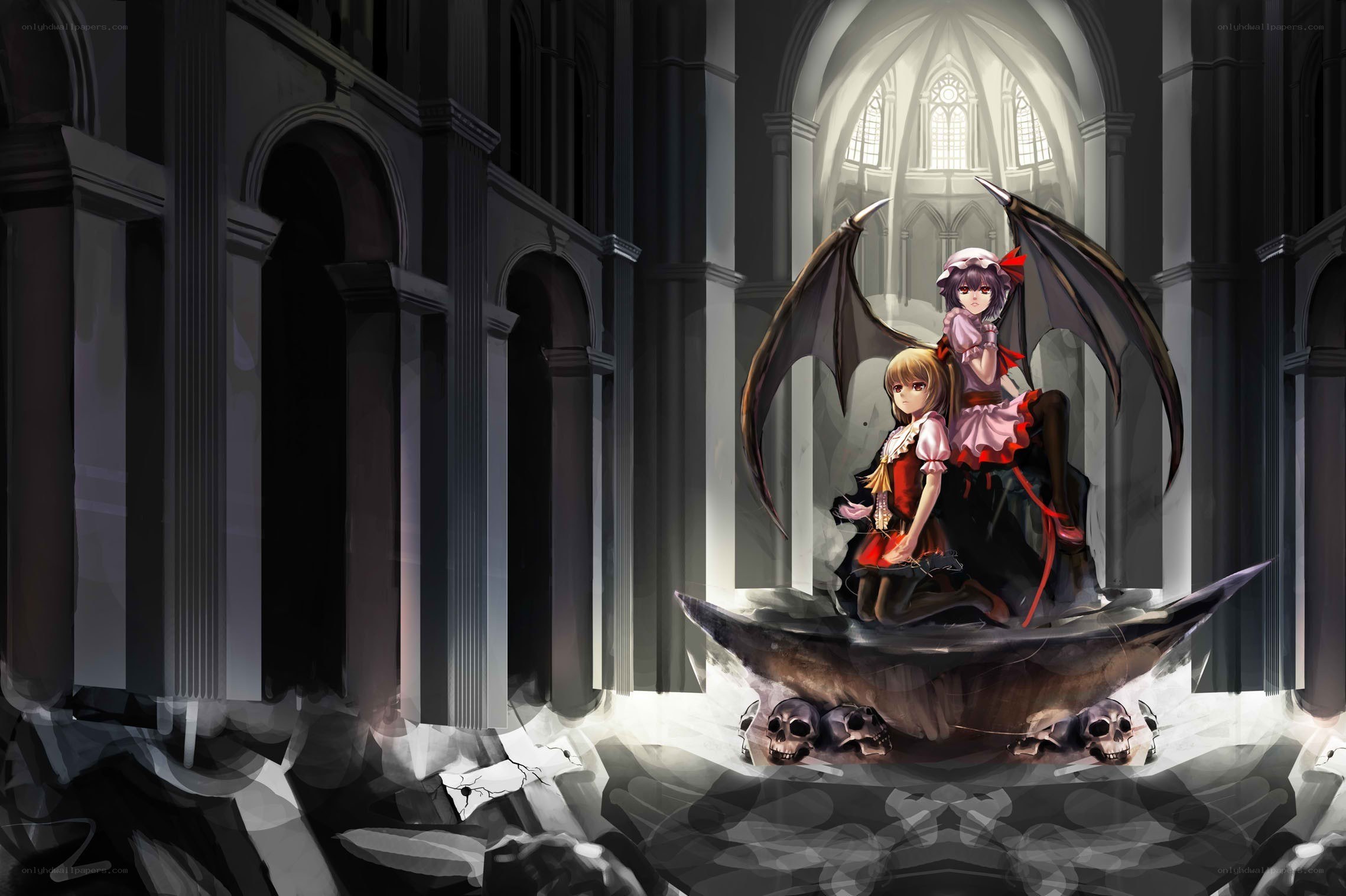 Two girls in a gothic cathedral