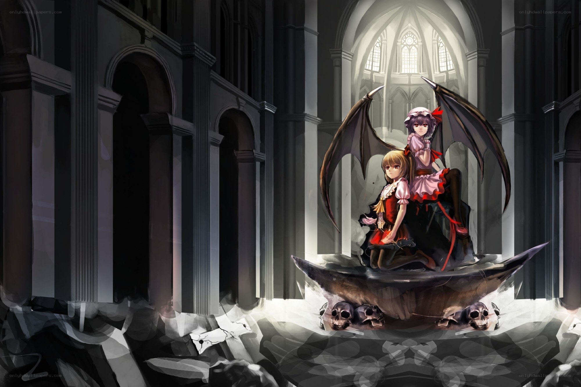 Two girls in a gothic cathedral