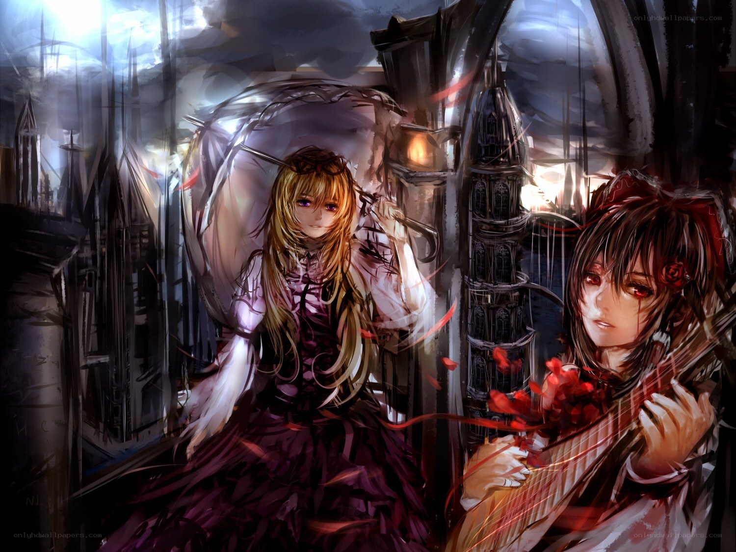 Two girls in a gothic city