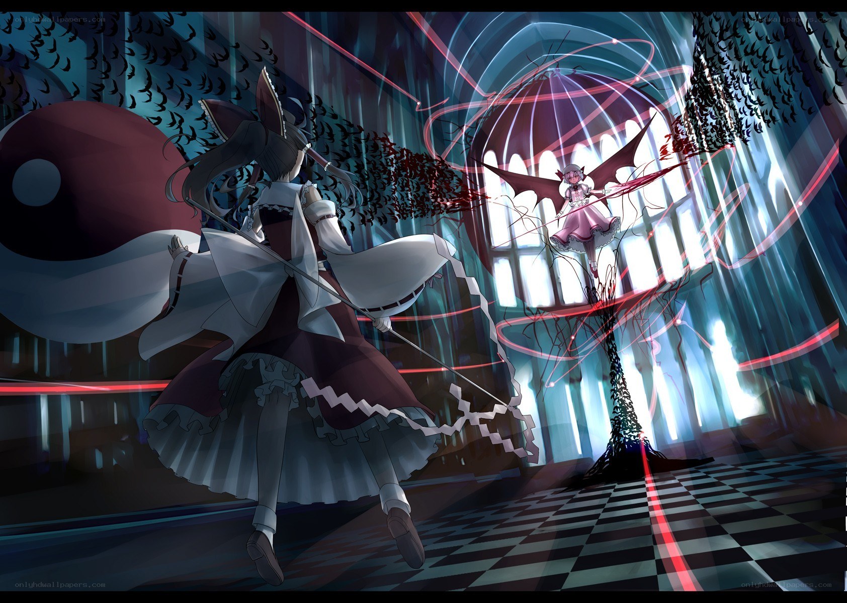 Two girls in a gothic hall