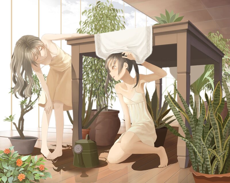 Two Girls in a Greenhouse — Beige