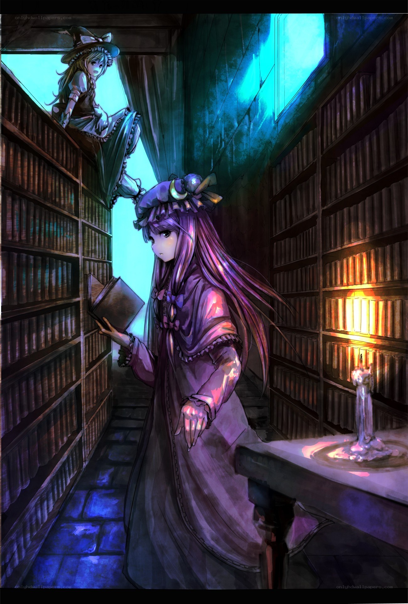 Two girls in a library