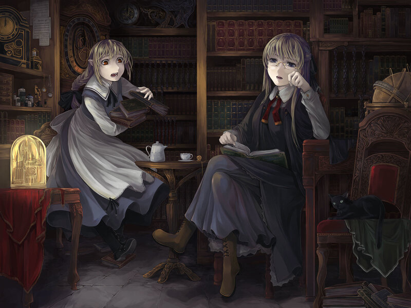 Two girls in a library