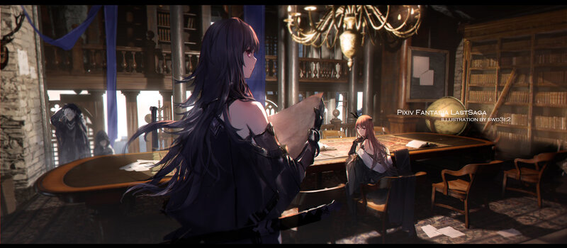 Two Girls in a Library — Brown, Dramatic, Digital Art