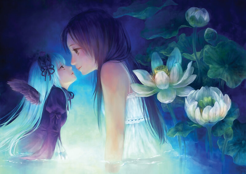 two girls in a lotus pond