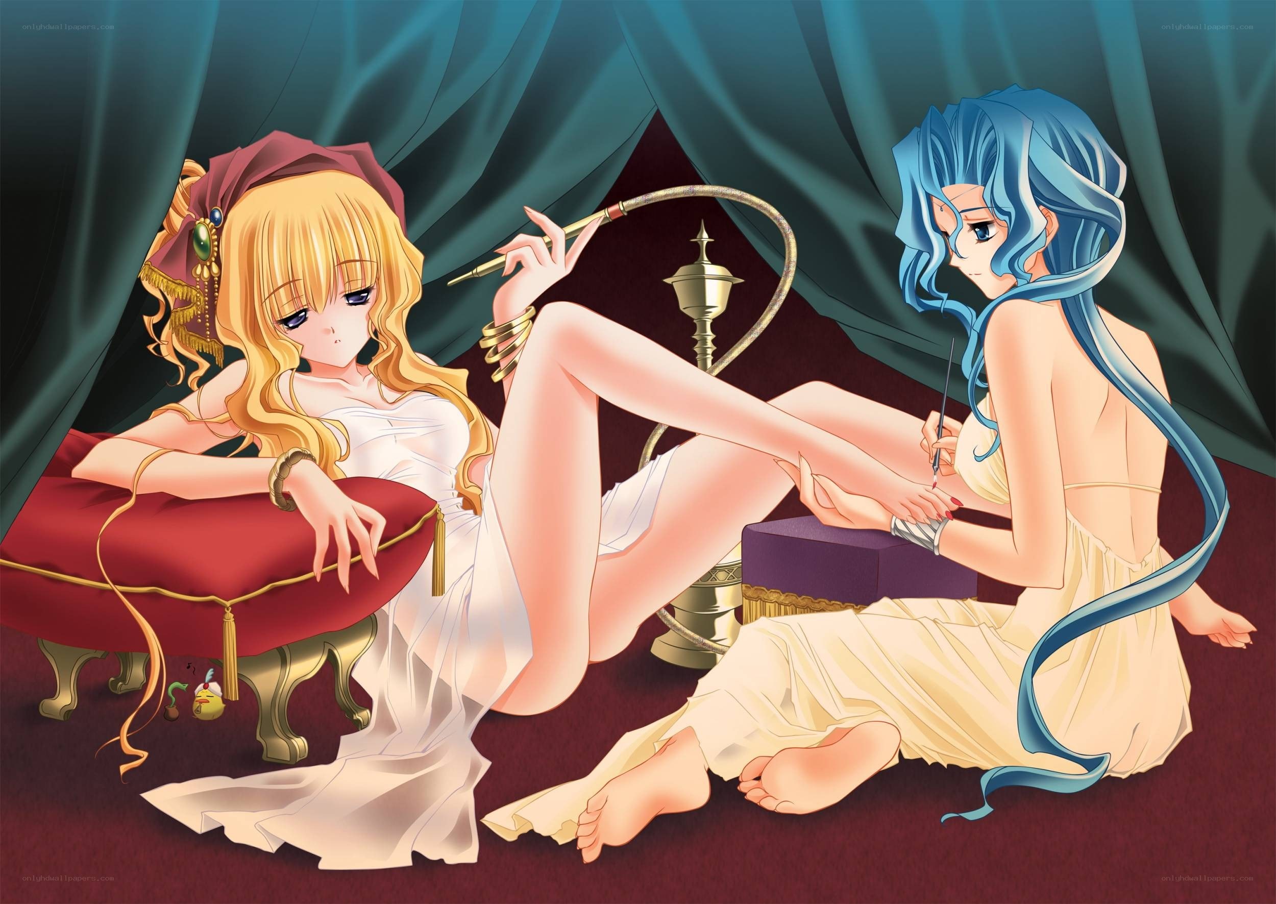 Two girls in a lounge setting
