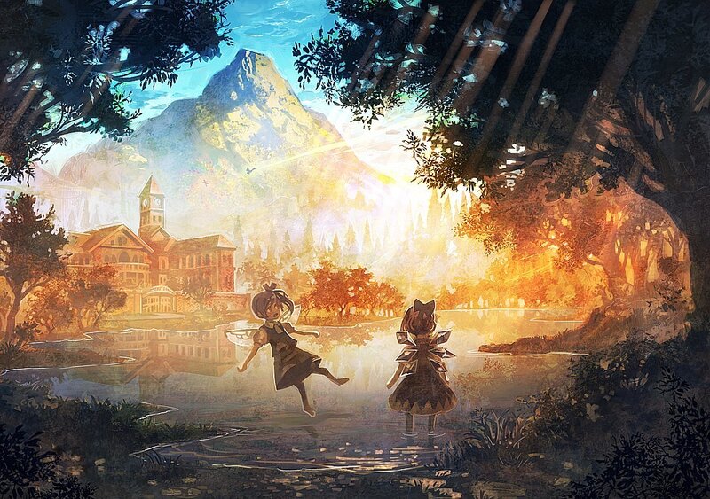Two girls in a magical landscape