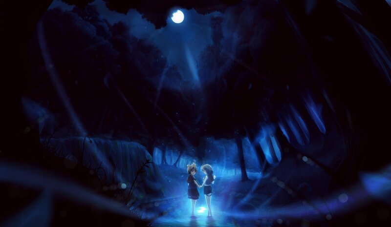 Two girls in a moonlit forest