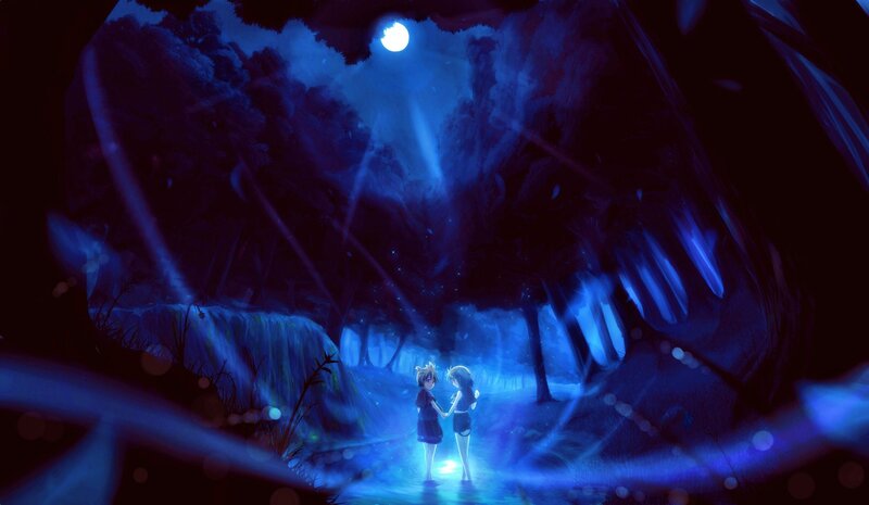 Two girls in a moonlit forest