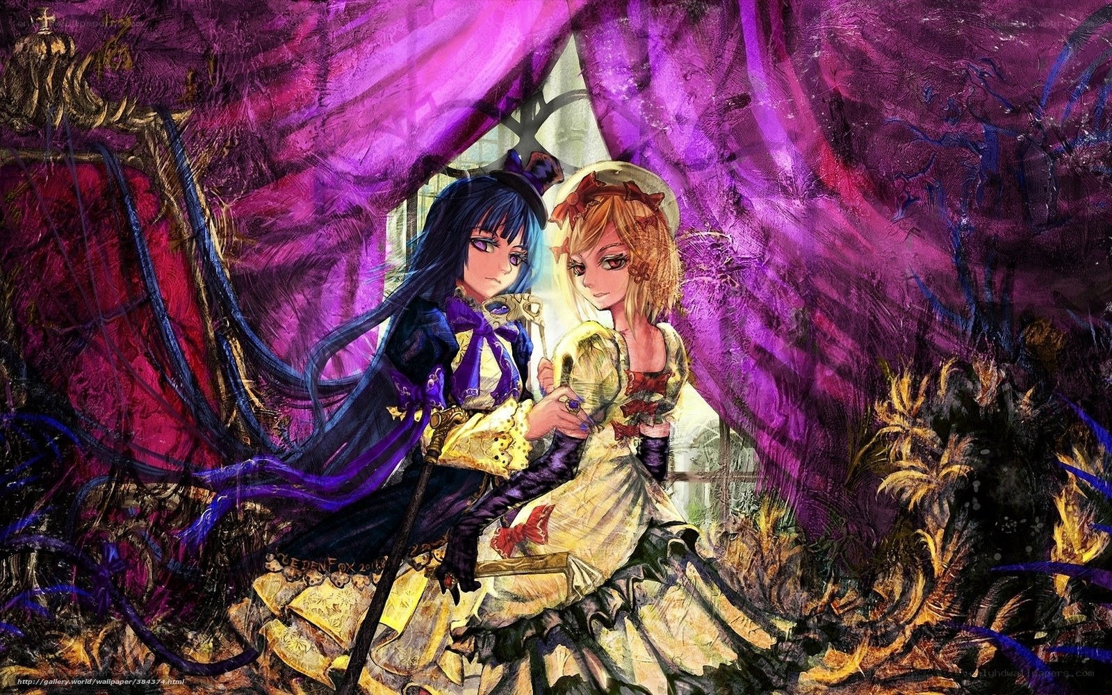 Two girls in a purple forest