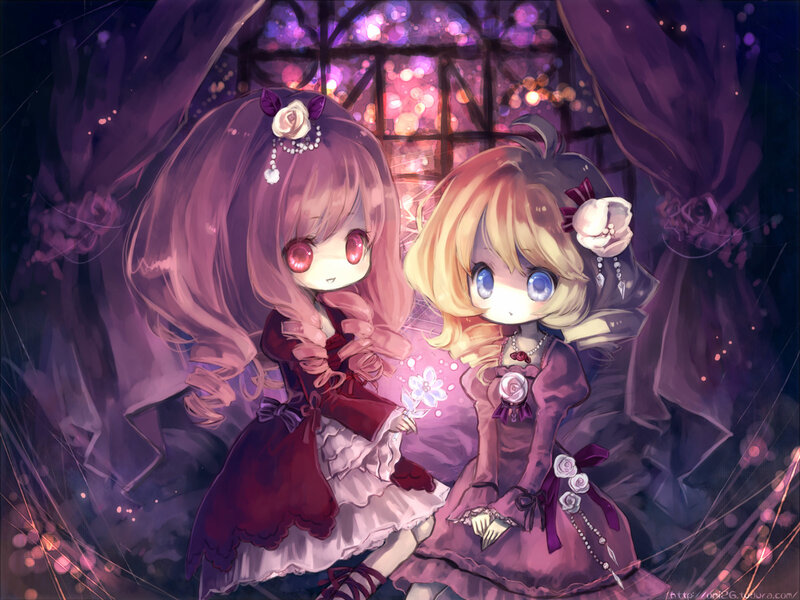 Two girls in a purple room