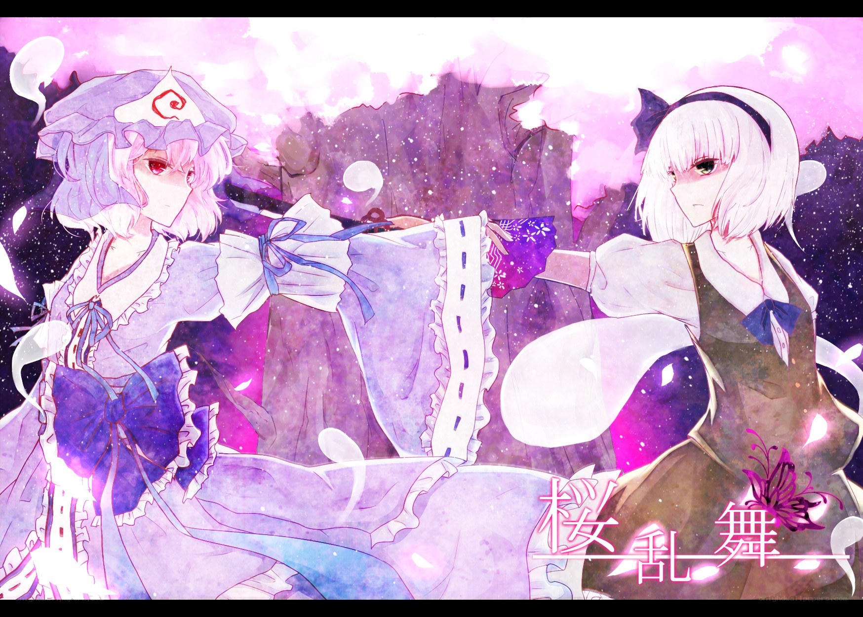 Two girls in a purple scene