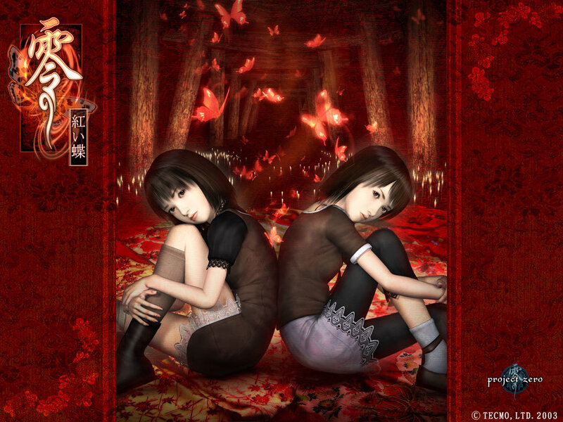 Two girls in a red forest