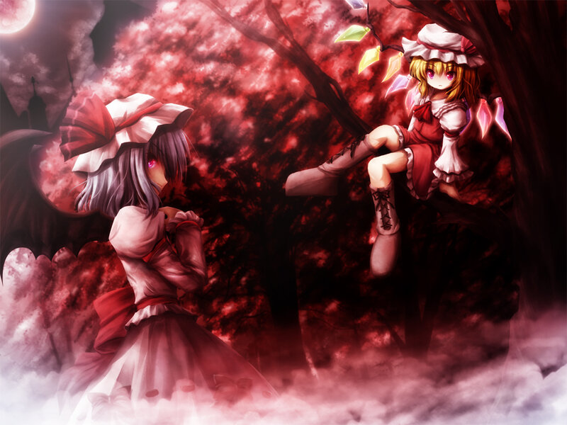 Two girls in a red forest
