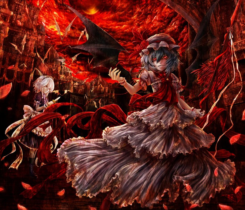 Two girls in a red-hued fantasy scene