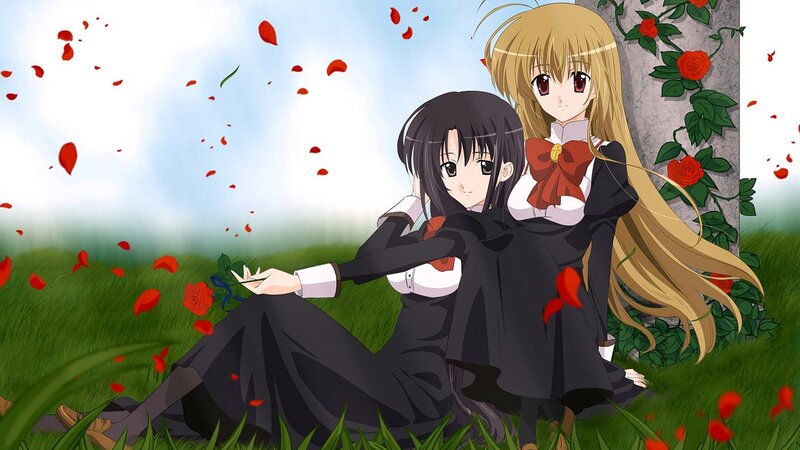 Two girls in a rose garden