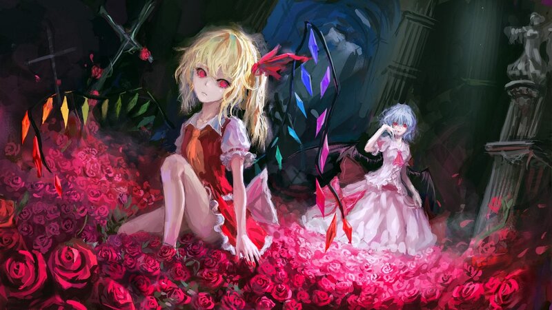 Two Girls in a Rose Garden — Red, Dramatic, Night