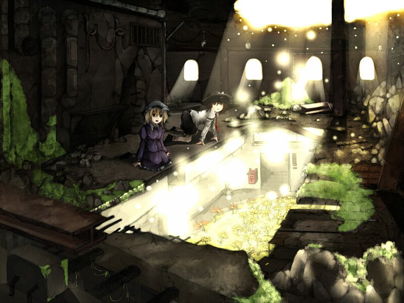Two girls in a ruined basement