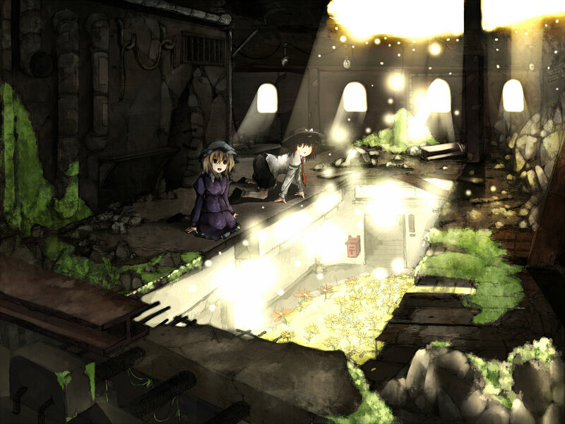 Two girls in a ruined basement