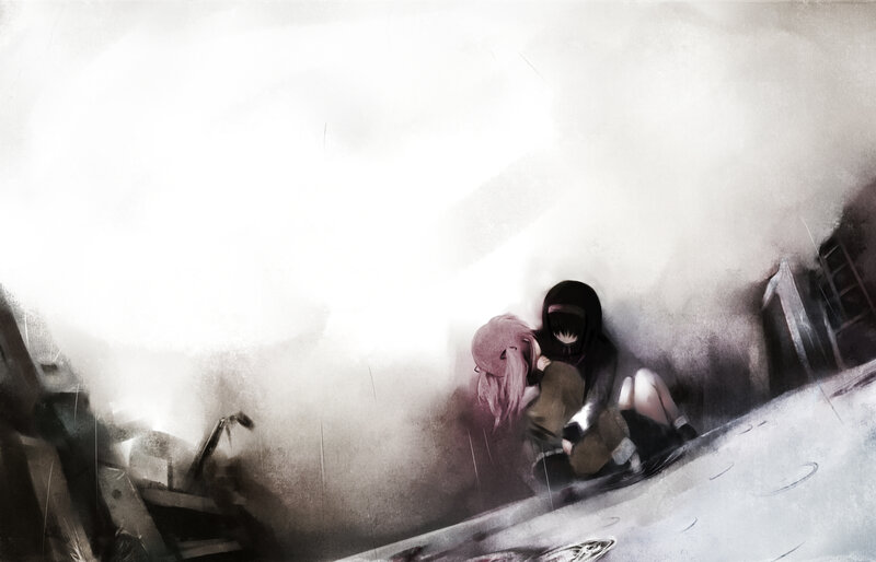 two girls in a ruined city