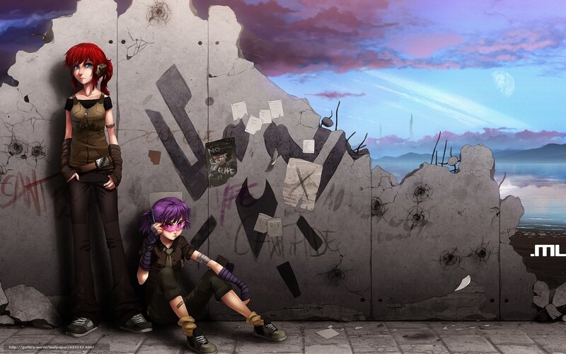 Two girls in a ruined city
