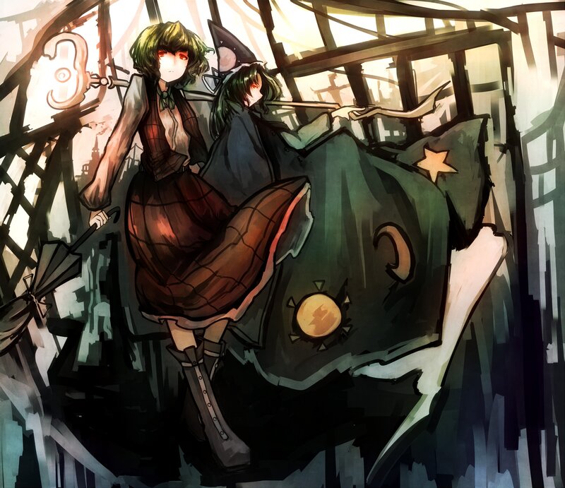 Two girls in a ruined structure
