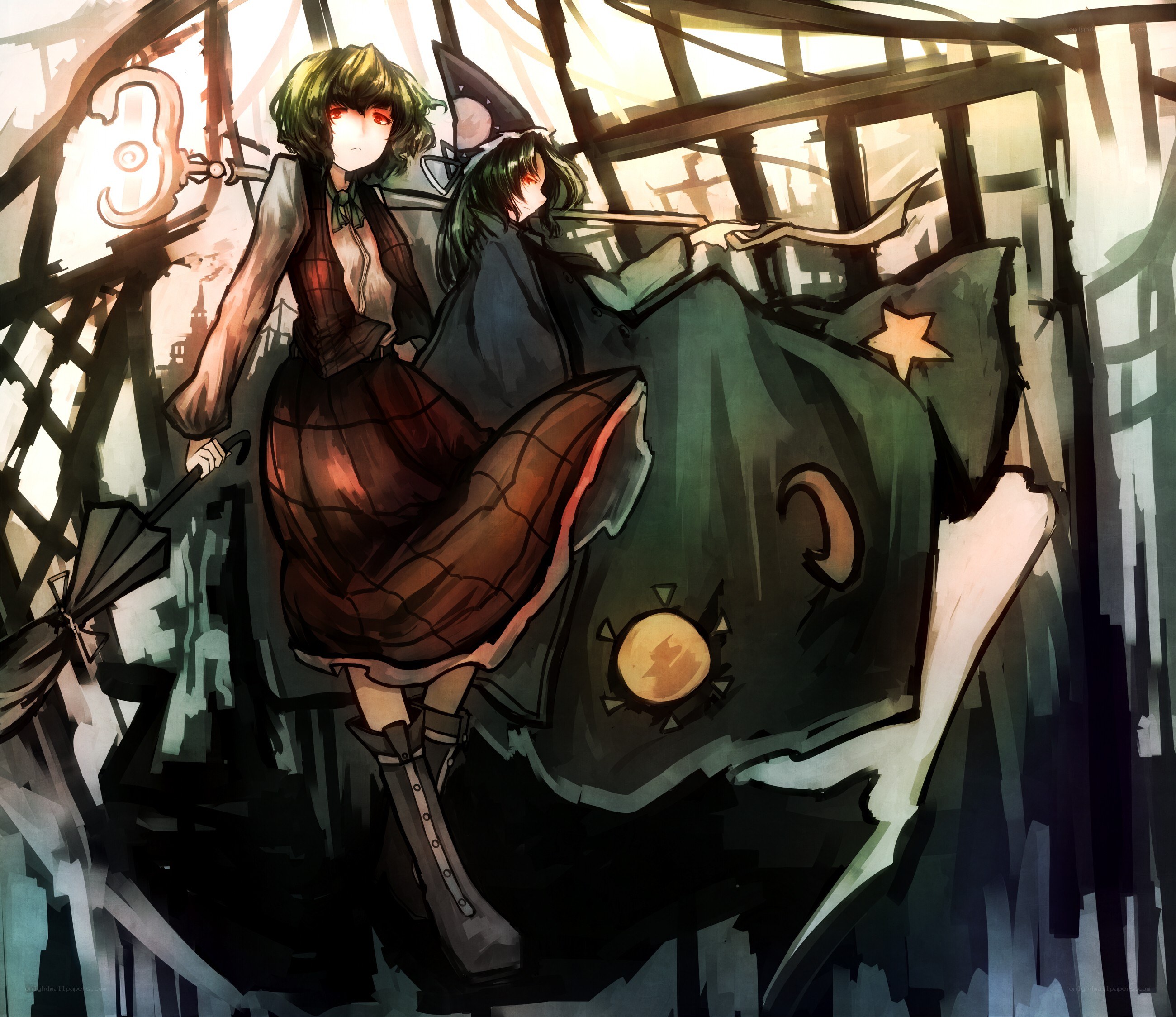 Two girls in a ruined structure