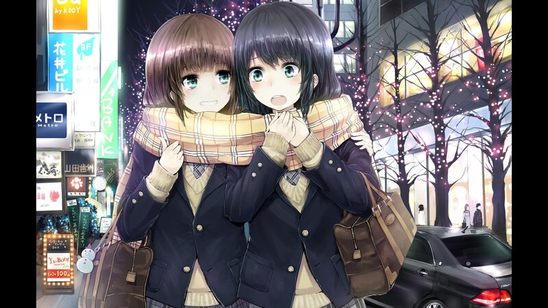 Two girls in a scarf at night