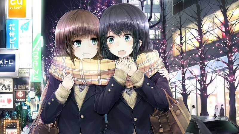 Two girls in a scarf at night