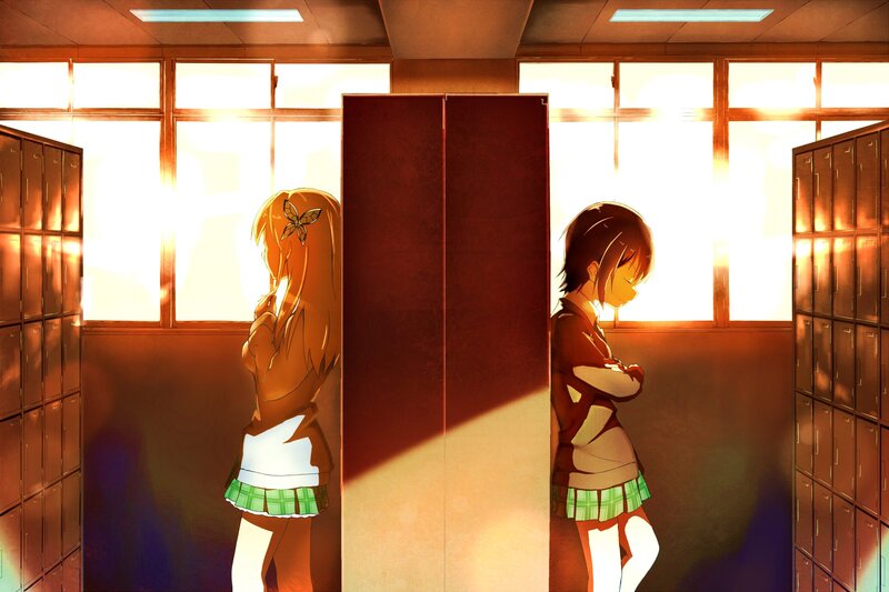 Two girls in a school hallway