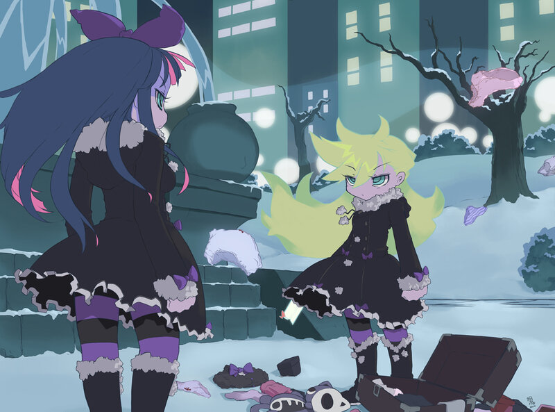 Two girls in a snowy city