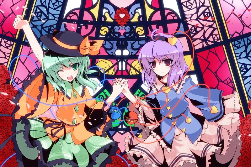 Two girls in a stained glass room